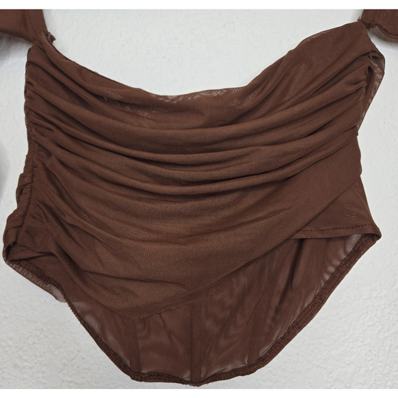 Zara Corset Top Womens Medium Brown Mesh Sheer Cropped Ruched Off Shoulder Y2K - Picture 8 of 12
